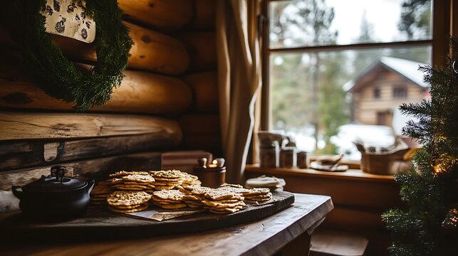 A warm and inviting Norwegian cabin with a table set for krumkake, delicate rolled cookies flavored with cardamom.

