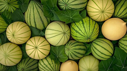 Striped & Pale Melons Amidst Lush Green Foliage AI Generated