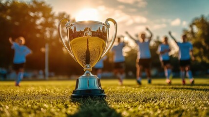 Victorious Soccer Team Celebrating with Trophy at Sunset