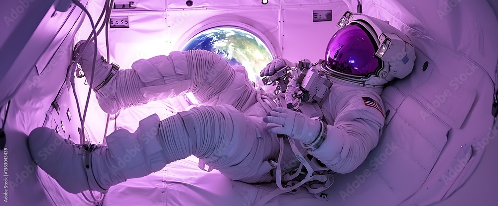 Poster astronaut in spacesuit inside spaceship