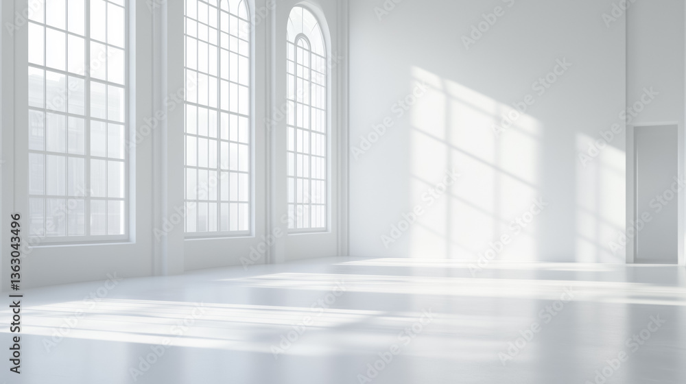 Poster bright white empty room with large arched windows and sunlight streaming in, creating serene and spa