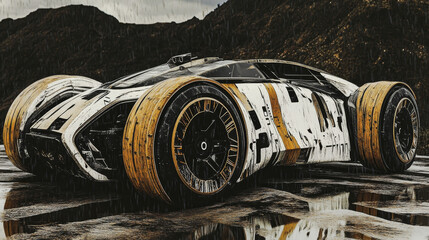 Fototapeta premium Futuristic racing car in rainy landscape