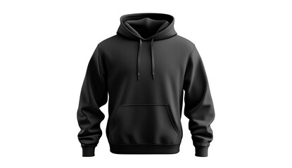 Plain black hoodie, front view.  Detailed view of a simple, classic, black hoodie.  Features a drawstring hood, long sleeves, and a kangaroo pocket