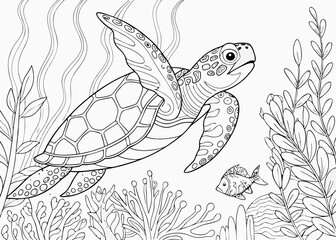 Stylized composition of turtle (tortoise), tropical fish, underwater seaweed and corals. Freehand sketch for adult anti stress coloring book page with doodle and zentangle elements