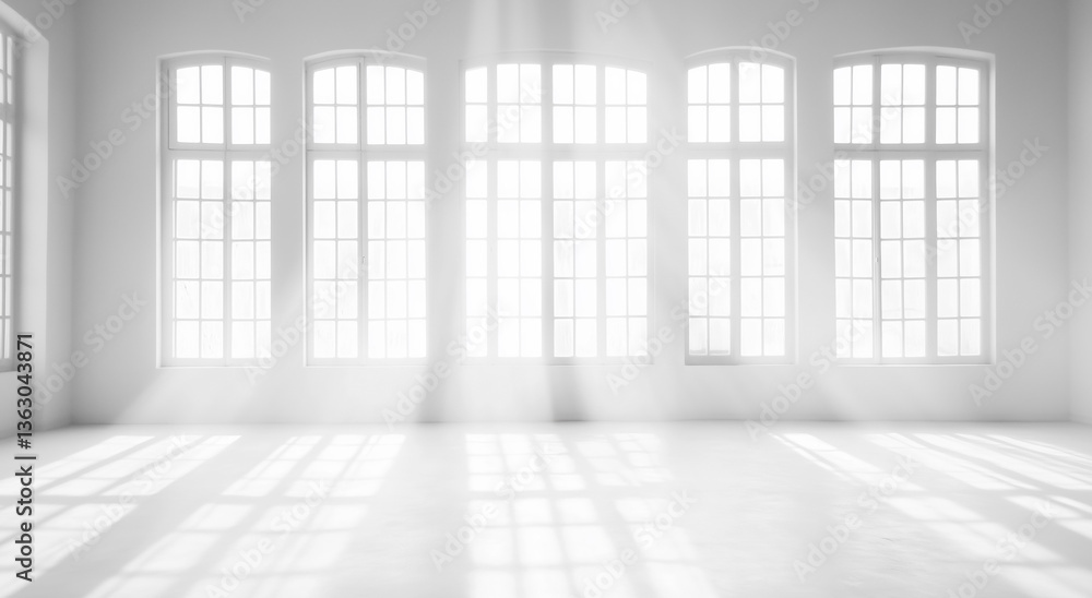 Poster bright white empty room with large windows and sunlight streaming in, creating serene and airy atmos