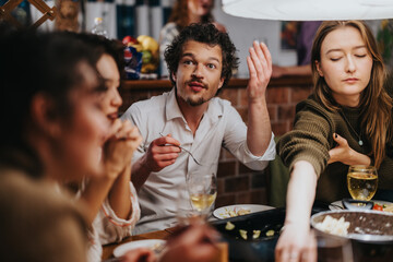 A group of friends enjoy their time together indoors, eating, drinking, and conversing around a dinner table with a warm, friendly atmosphere.