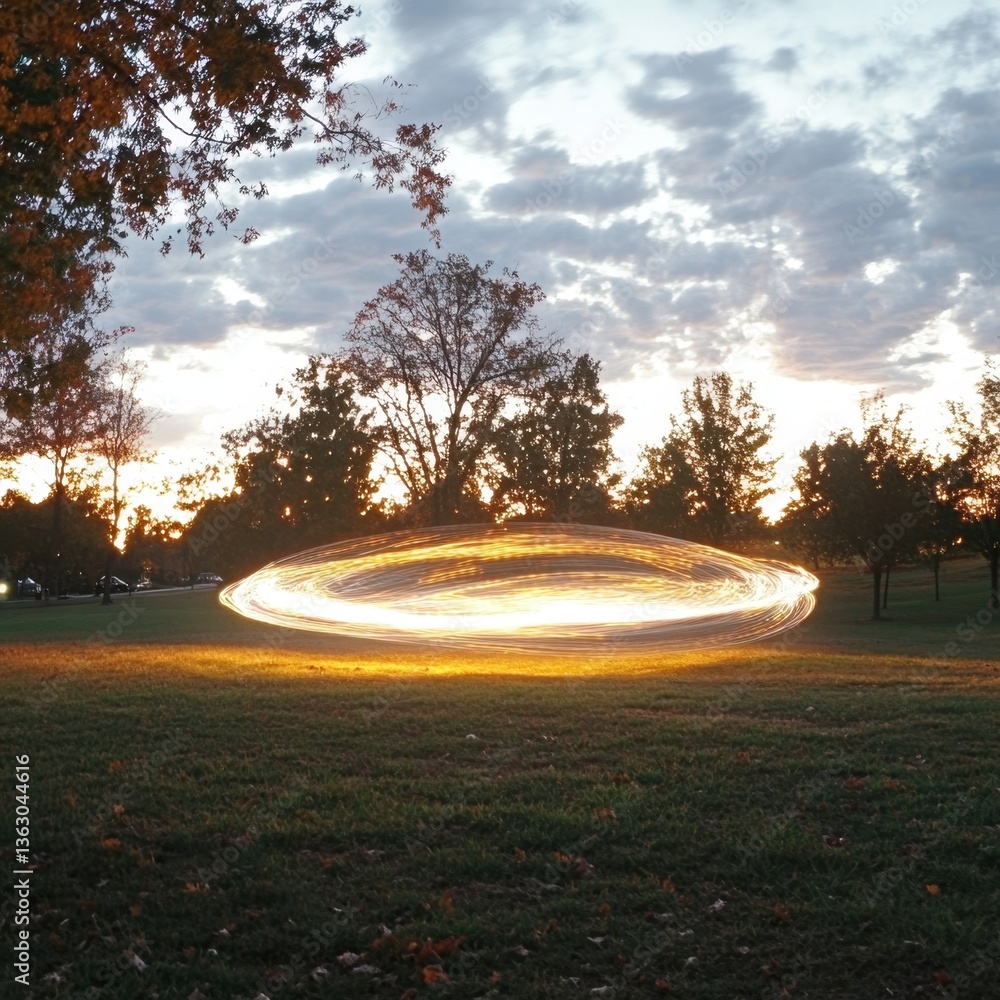 Poster captivating light painting at sunset in a serene park with trees and clouds creating an ethereal glo
