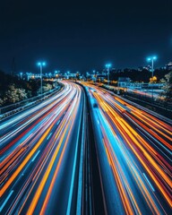 Fototapeta premium Dynamic highway at night with blurred car lights creating vibrant streaks of color in urban landscape