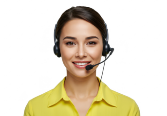 A friendly female customer service representative with a black headset isolated on transparent background