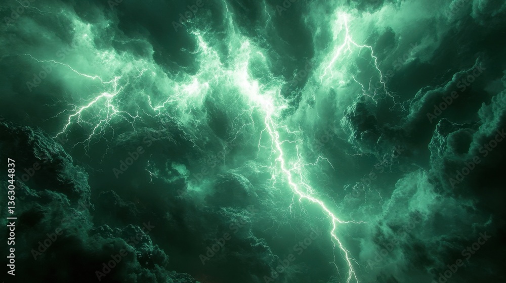 Poster dramatic emerald sky with intense lightning strikes illuminating dark storm clouds creating a powerf