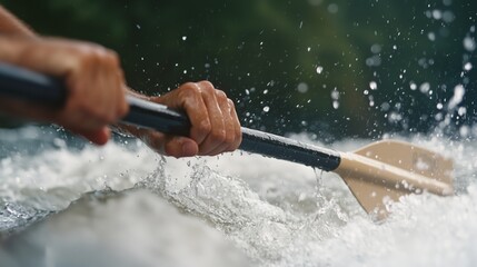 Close-up of hands gripping whitewater rafting paddles mid-rapids