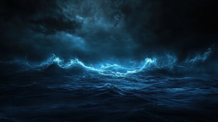 Fototapeta premium Wailing sea - A desolate ocean under a pitch-black sky, swirling blue mist crawling over the waves, ghostly shapes shifting in the darkness. 