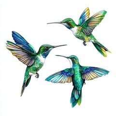 Obraz premium Watercolor Illustration of Hummingbirds on a White Background