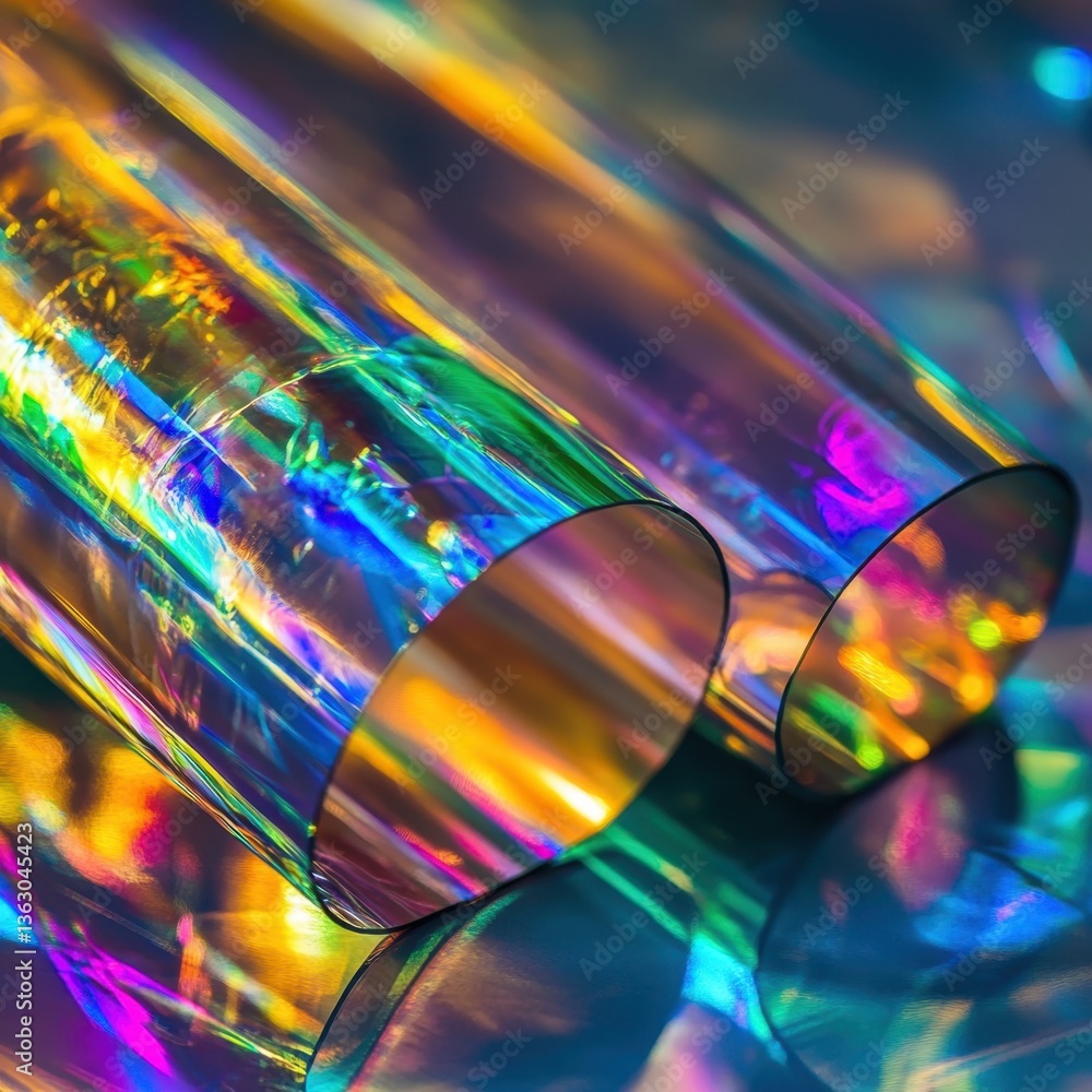 Poster captivating iridescent foil rolls reflecting vibrant spectrum of light in a mesmerizing abstract com