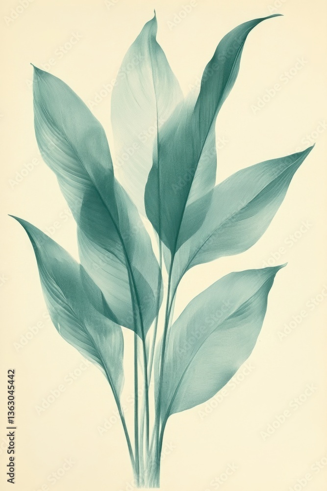 Poster serene turquoise botanical illustration featuring large leaves with delicate lines on a cream backgr