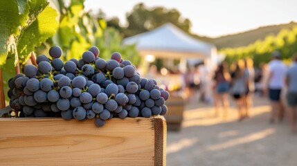 vineyard festival, a vineyard festival with wine tasting, live music, and people strolling through grapevines in an outdoor setting