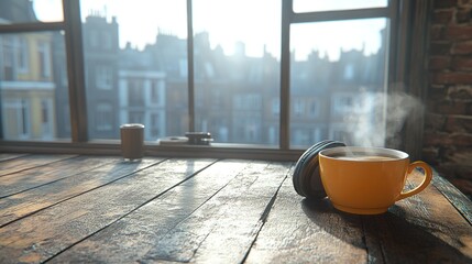 Steaming coffee in yellow mug on rustic wood table by sunlit window overlooking cityscape