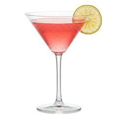 A refreshing pink cocktail served in a classic martini glass with a thin stem and wide rim isolated on transparent background