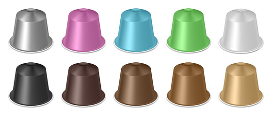 Set of multicolored coffee capsules. Realistic packaging mockup.	
