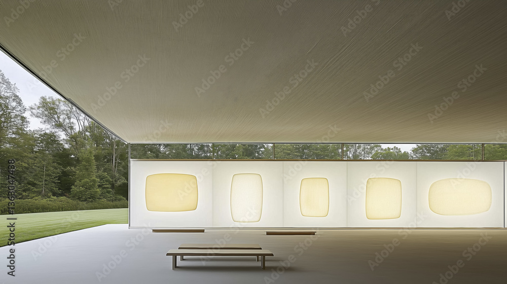 Poster modern art gallery with large windows and minimalist design features illuminated abstract art pieces