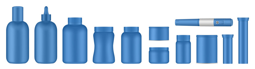 Set of medical pill bottles. Blue jar with lid. Plastic medicine container. 3d mockup of a packaging for pharmacy. Effervescent tablet tubes, insulin pen	
