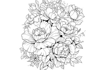 Fototapeta premium Coloring book flowers doodle style black outline. line art floral black and white background. Vector