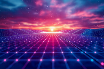 Abstract landscape with solar array under a vibrant sunset. Geometric grid and futuristic concept of renewable energy.