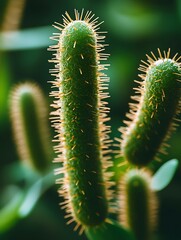Naklejka premium Spiky Cactus Closeup with Green Background.