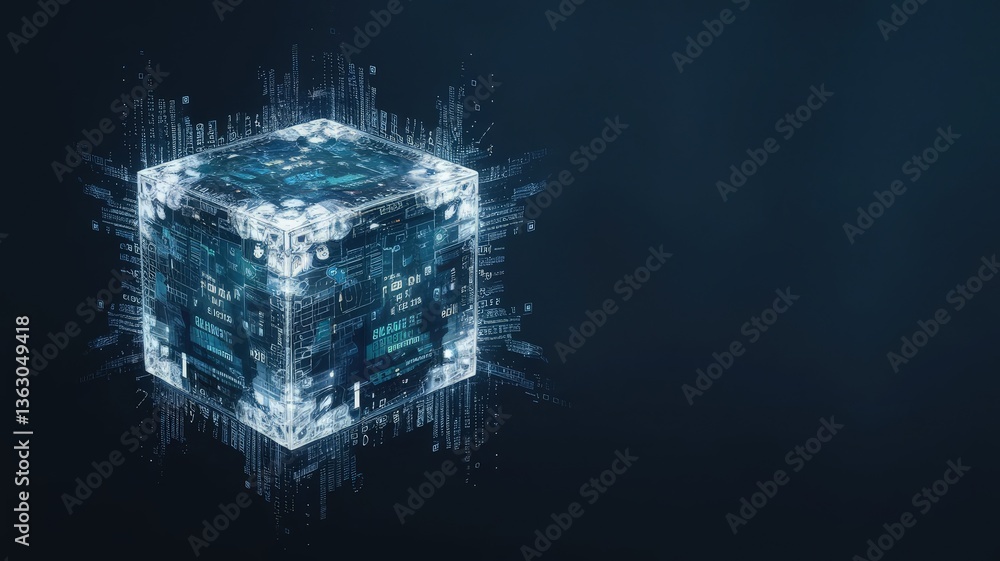 Poster cybernetic cube: an intricately designed digital cube with glowing circuits, lines, and data streams