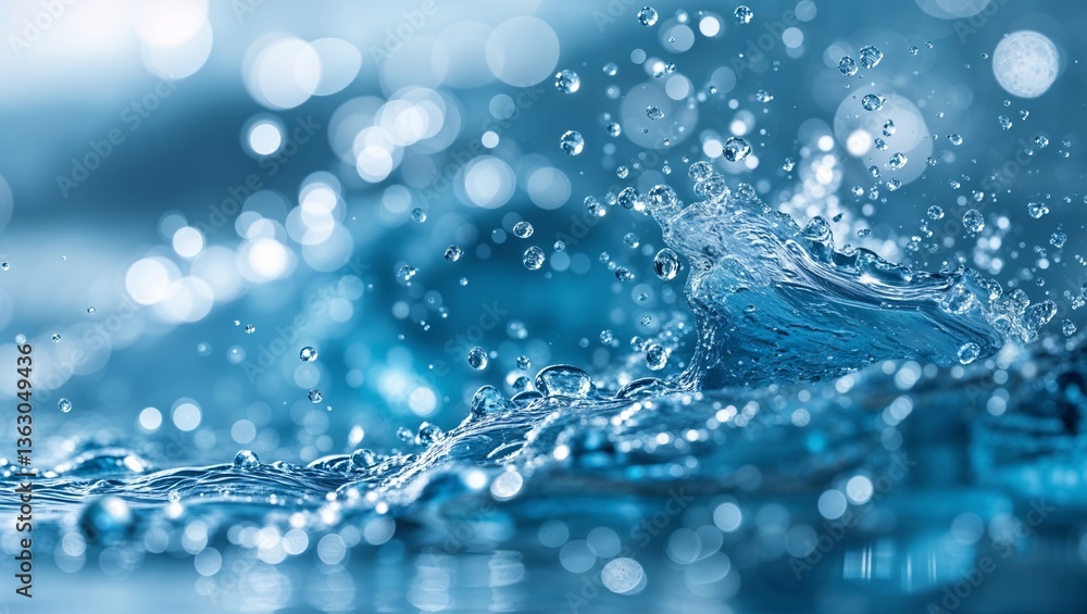 Poster capturing water droplets in motion with sparkling blue tones in a close-up view during daytime