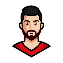 a cartoon character man with a beard. The man has black hair and a red shirt.