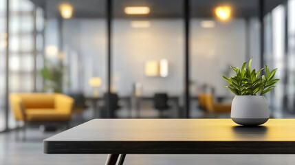 modern office interior featuring sleek table with small potted plant, creating serene atmosphere