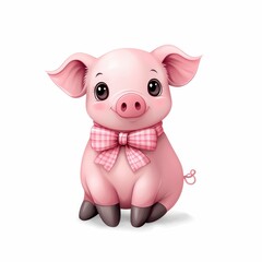 Adorable Pink Piglet with Checkered Bow Tie on White Background