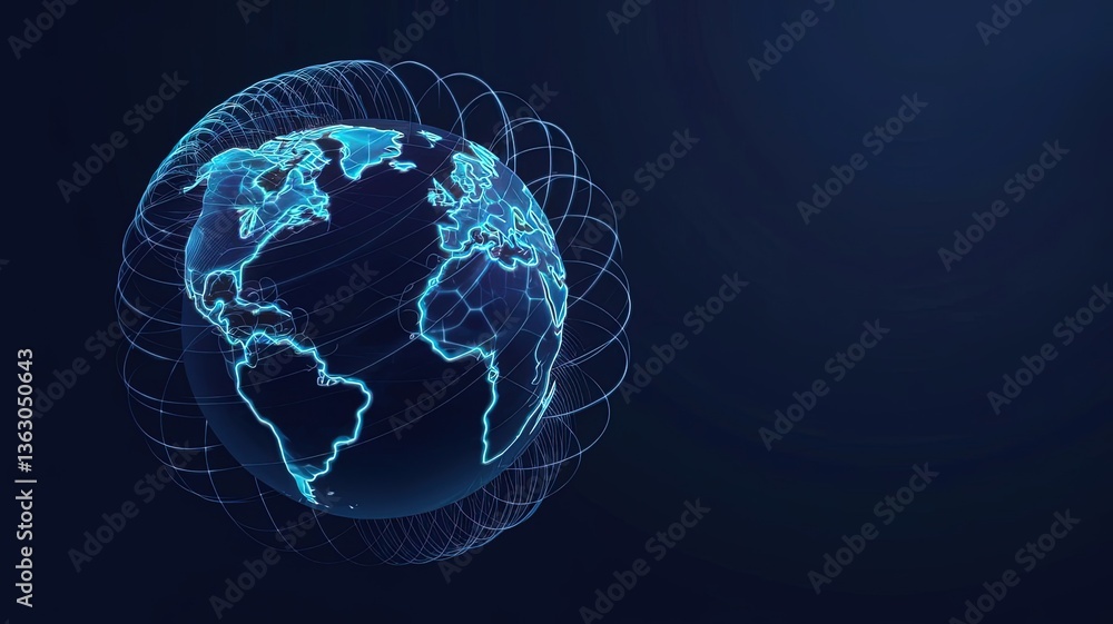 Poster digital earth: illuminated globe rendered in a digital style, encircled by orbital paths, suggesting