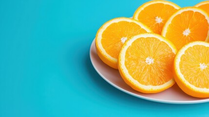 Fototapeta premium Sliced oranges arranged in a fan shape on a minimalist plate, highlighting their vibrant color and juicy texture with ample space around them.