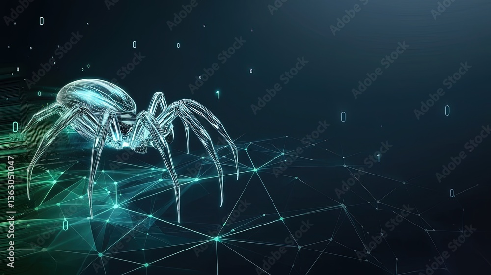 Poster digital spider web: an artistic depiction of a glass-like spider emerging from a network of intercon