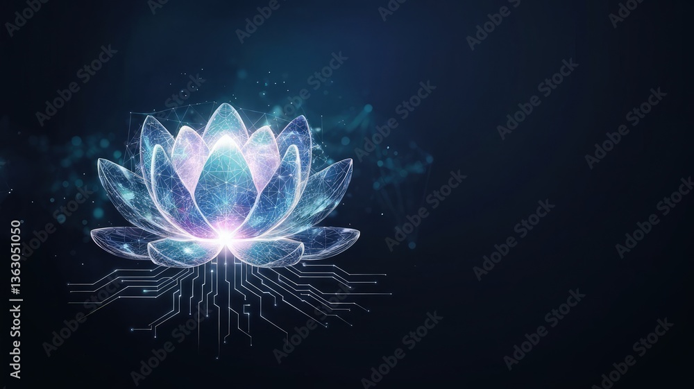 Poster digital lotus: a luminous digital representation of a lotus flower radiates with ethereal energy, it