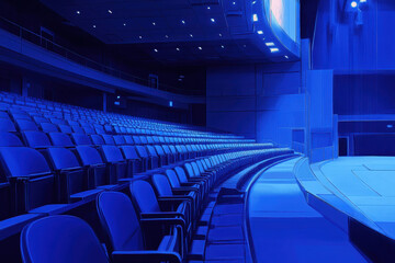 Naklejka premium Rows of seats fill a blue auditorium, creating a symmetrical pattern under bright lighting.