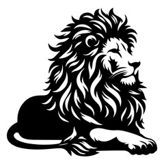 A black and white silhouette of a reclining lion on a white isolated background. Vector graphics. EPS. © Dzianis