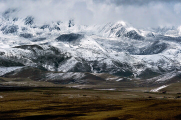 Beautiful landscape with snowy mountain landscape around tagong, sichuan tibetan area
