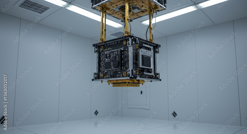 Poster quantum computer's core: a cutting-edge quantum computer, suspended in a high-tech environment, symb