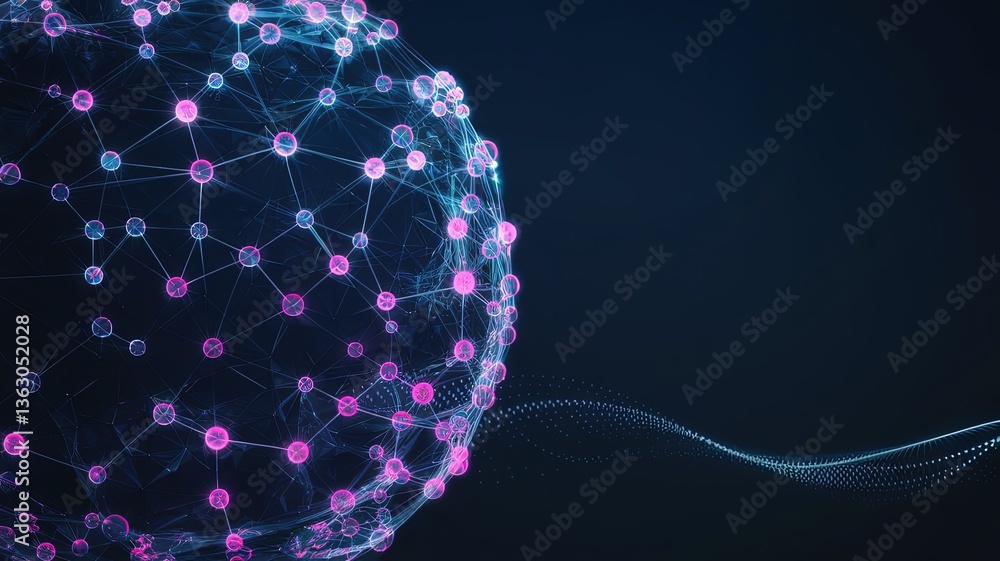 Poster digital universe: a luminous spherical network pulses with light, conveying connectivity, data flow,