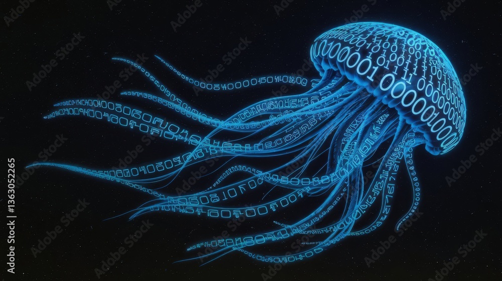 Poster digital jellyfish: a mesmerizing depiction of a jellyfish formed from binary code, glowing with an e