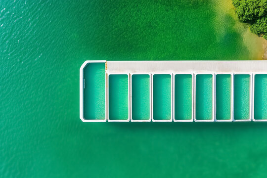 Pier structure extending into emerald green water. Overview reveals modern geometric design set against lush coastal greenery. Concept of nature tourism, architecture, marine projects - Powered by Adobe