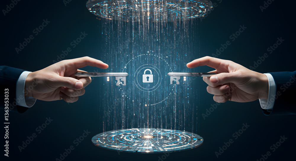 Poster data security: conceptual illustration of hands holding keys with a digital padlock at the center, r