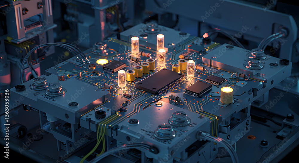 Aufkleber illuminated circuitry: a close-up view showcases an intricately designed circuit board, bathed in a 