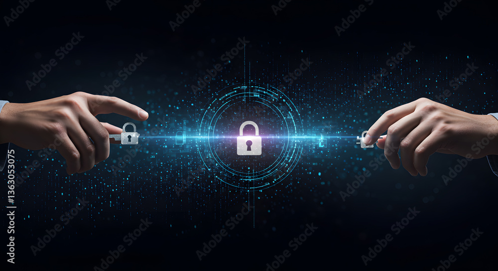 Poster secure connection: two hands delicately engage in a digital bond, a symbol of data security and prot