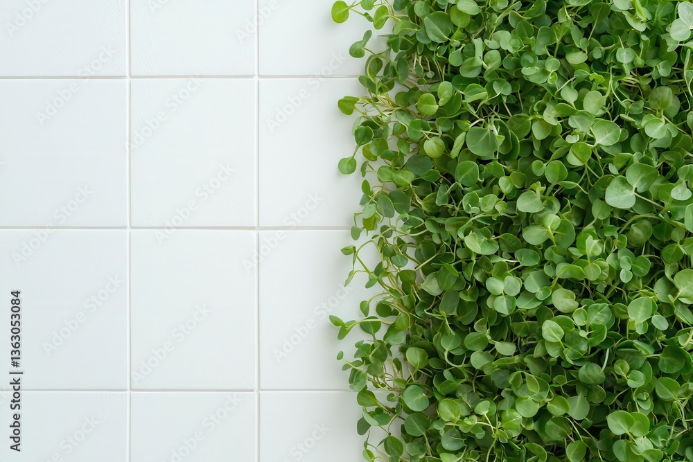 Poster delicate microgreens scattered lightly across a white surface, creating a soft contrast with their v