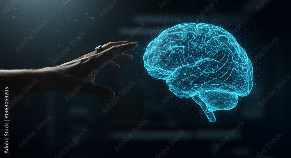 Poster brain connect: a conceptual image showing a hand reaching towards a glowing, three-dimensional repre