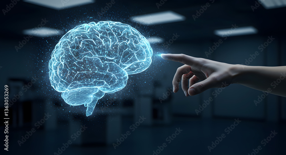Poster touching the mind: a luminous, digitally rendered brain floats in front of a hand, symbolizing the e